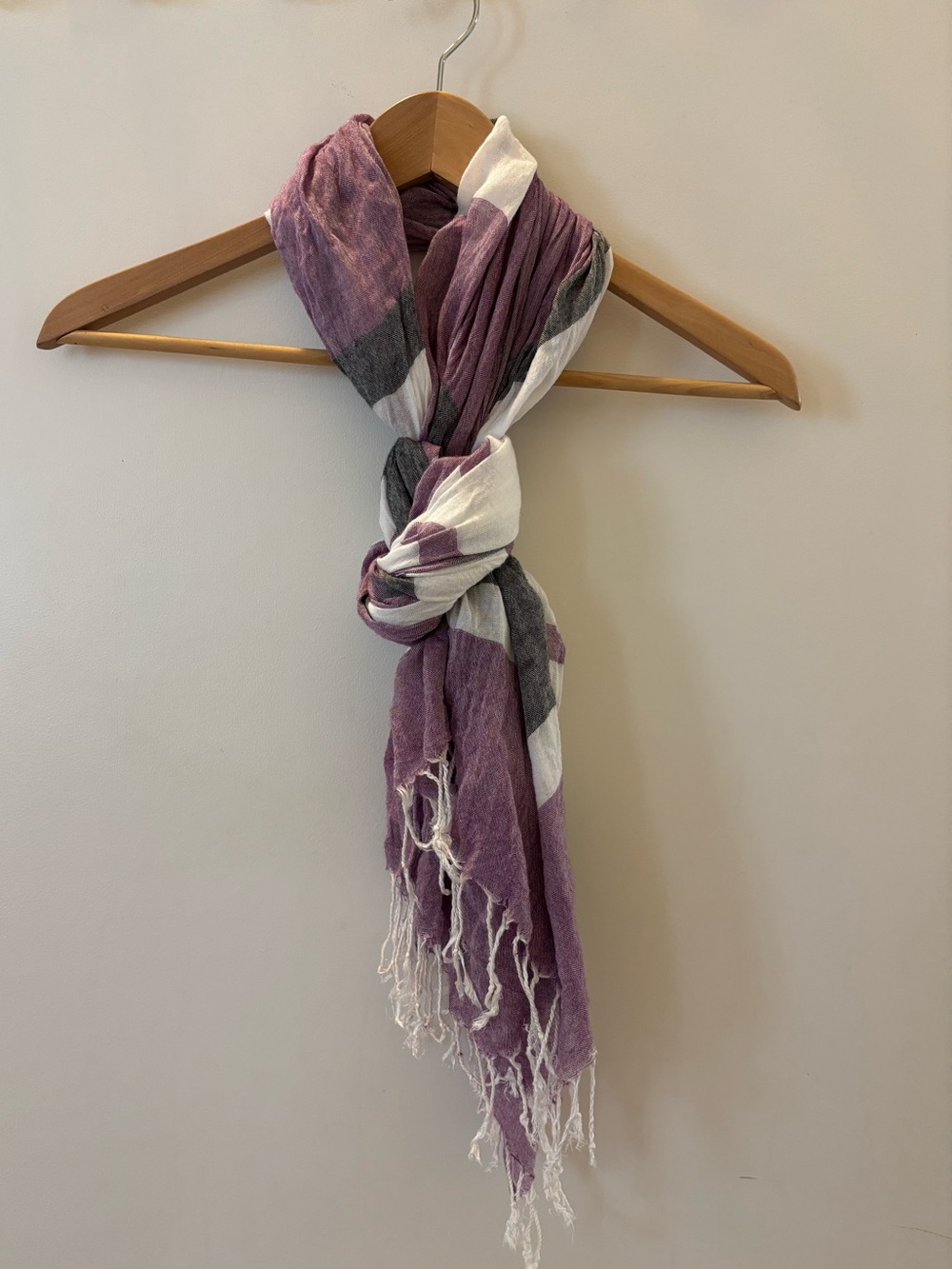 Oversized Purple Grey White Striped Scarf Shawl Fringe 72”